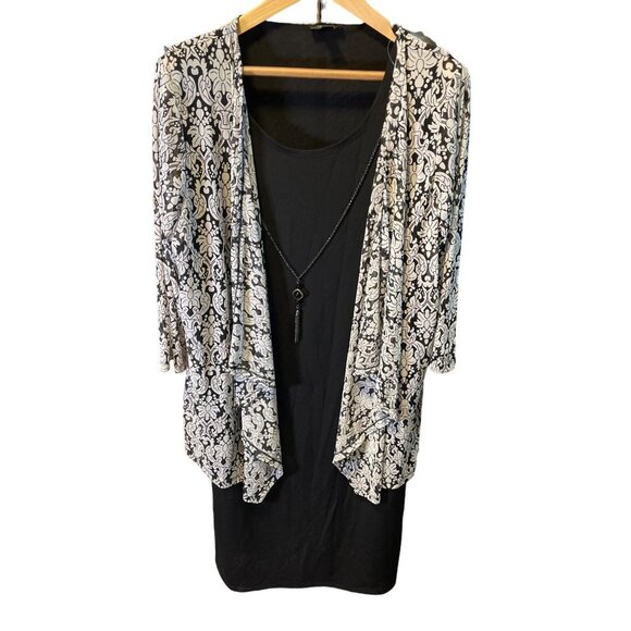 Mackenzie & James Black Black Sheath Dress White Open Cardigan Sz 1X - Picture 1 of 7